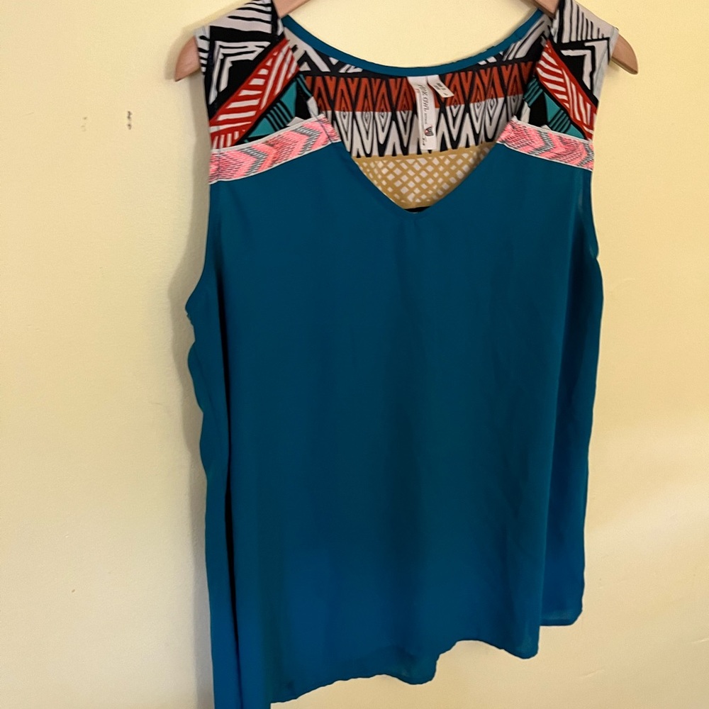 Pink Owl Teal Tank Top with Colorful Geometric Design